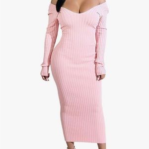 Casual Off Shoulder Long Sleeves Slim Knit Bodycon Sweater Dress Midi Dress